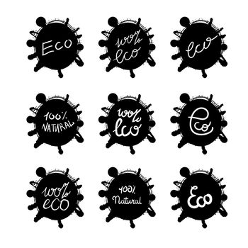 Hand drawn ecology and 100 percents natural lettering badges set. Isolated grunge sticker or nature icon of quality for banner, web, card, print. Eco design. Vector
