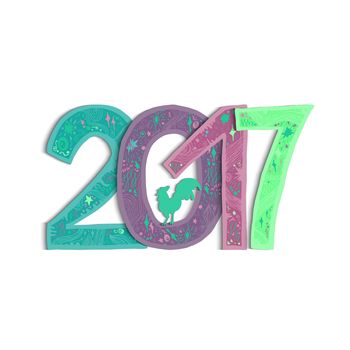 New Year Banner with lettering 2017 and cock for print, poster, sticker. Happy new year greeting card with xmas doodles. . Vector