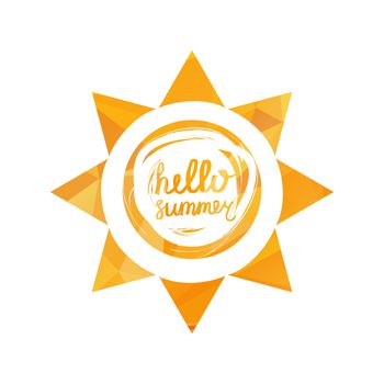 Hello Summer Lettering by brush. Typographic vacation and travel hand drawn poster with yellow sun bright background. Vector