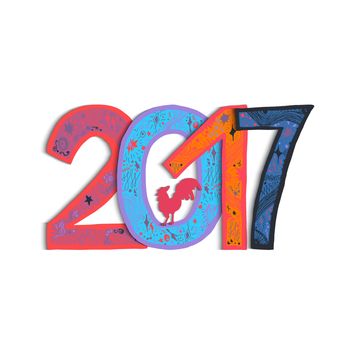 New Year Banner with lettering 2017 and cock for print, poster, sticker. Happy new year greeting card with xmas doodles. . Vector