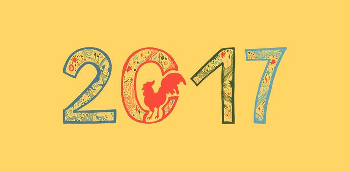 Lettering 2017 with cock for print, poster, sticker. Happy new year greeting card. Vector