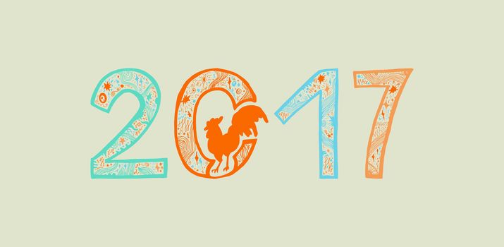 Lettering 2017 with cock for print, poster, sticker. Happy new year greeting card. Vector