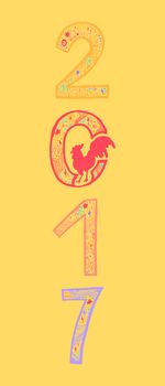 Lettering 2017 with cock for print, poster, sticker. Happy new year greeting card. Vector