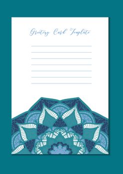 Mandala vintage template card in arabic and indian, islam and ottoman, turkish, asian style for brochure, flyer, greeting, invitation card, cover. Format A4. Floral holiday ornamental design. Vector