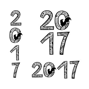 Lettering 2017 with cock for print, poster, sticker. Happy new year greeting card. Vector