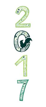 Lettering 2017 with cock for print, poster, sticker. Happy new year greeting card. Vector