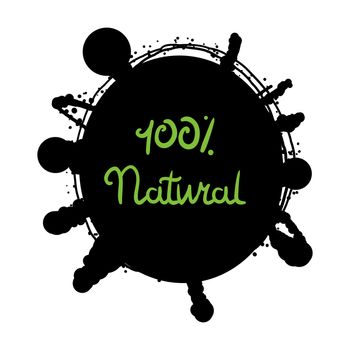 Hand drawn ecology and 100 percents natural lettering badge. Isolated grunge sticker or nature icon of quality for banner, web, card, print. Eco design. Vector