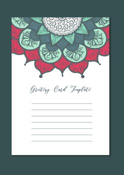 Mandala vintage template card in arabic and indian, islam and ottoman, turkish, asian style for brochure, flyer, greeting, invitation card, cover. Format A4. Floral holiday ornamental design. Vector