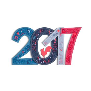 New Year Banner with lettering 2017 and cock for print, poster, sticker. Happy new year greeting card with xmas doodles. . Vector