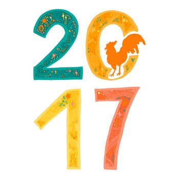 New Year Banner with lettering 2017 and cock for print, poster, sticker. Happy new year greeting card with xmas doodles. . Vector