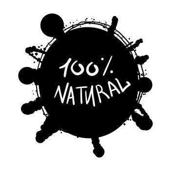 Hand drawn ecology and 100 percents natural lettering badge. Isolated grunge sticker or nature icon of quality for banner, web, card, print. Eco design. Vector