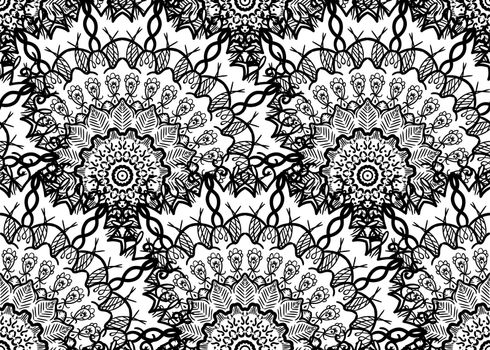 Hand drawn Black White Mandala Seamless Pattern. Arabic, indian, turkish and ottoman culture decoration style. Ethnic ornamental background. Vintage template of greeting, print, cloth, tattoo. Vector