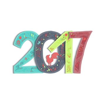 New Year Banner with lettering 2017 and cock for print, poster, sticker. Happy new year greeting card with xmas doodles. . Vector