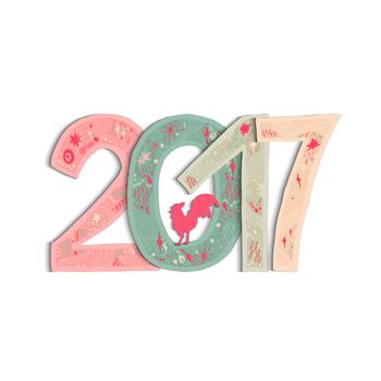 New Year Banner with lettering 2017 and cock for print, poster, sticker. Happy new year greeting card with xmas doodles. . Vector
