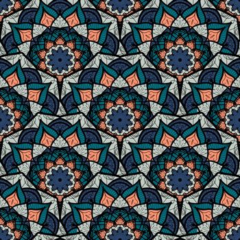 Hand drawn Mandala Seamless Pattern. Arabic, indian, turkish and ottoman culture decoration style. Ethnic ornamental background. Magic vintage template of greeting, card, print, cloth, tattoo. Vector