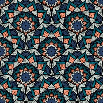 Hand drawn Mandala Seamless Pattern. Arabic, indian, turkish and ottoman culture decoration style. Ethnic ornamental background. Magic vintage template of greeting, card, print, cloth, tattoo. Vector