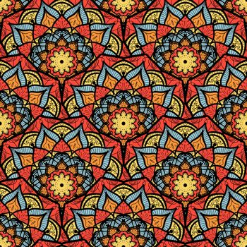 Hand drawn Mandala Seamless Pattern. Arabic, indian, turkish and ottoman culture decoration style. Ethnic ornamental background. Magic vintage template of greeting, card, print, cloth, tattoo. Vector