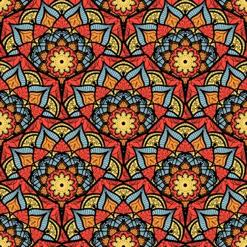 Hand drawn Mandala Seamless Pattern. Arabic, indian, turkish and ottoman culture decoration style. Ethnic ornamental background. Magic vintage template of greeting, card, print, cloth, tattoo. Vector