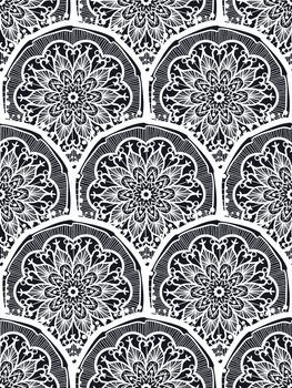 Hand drawn Black White Mandala Seamless Pattern. Arabic, indian, turkish and ottoman culture decoration style. Ethnic ornamental background. Vintage template of greeting, print, cloth, tattoo. Vector