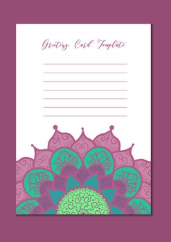 Mandala vintage template card in arabic and indian, islam and ottoman, turkish, asian style for brochure, flyer, greeting, invitation card, cover. Format A4. Floral holiday ornamental design. Vector