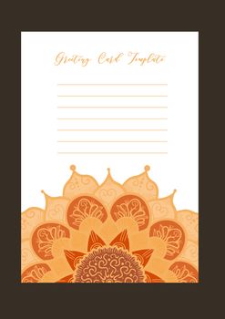 Mandala vintage template card in arabic and indian, islam and ottoman, turkish, asian style for brochure, flyer, greeting, invitation card, cover. Format A4. Floral holiday ornamental design. Vector