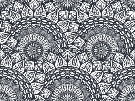 Hand drawn Black White Mandala Seamless Pattern. Arabic, indian, turkish and ottoman culture decoration style. Ethnic ornamental background. Vintage template of greeting, print, cloth, tattoo. Vector