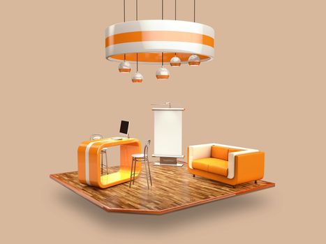 3d Rendering of stand, design with table and chair, info board, roll up. Clipping path included.