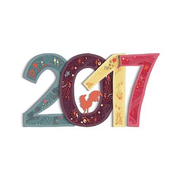 New Year Banner with lettering 2017 and cock for print, poster, sticker. Happy new year greeting card with xmas doodles. . Vector