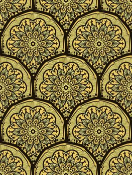 Hand drawn Gold Mandala Seamless Pattern. Arabic, indian, turkish and ottoman culture decoration style. Ethnic ornamental background. Magic vintage template of greeting, print, cloth, tattoo. Vector
