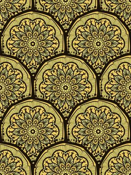 Hand drawn Gold Mandala Seamless Pattern. Arabic, indian, turkish and ottoman culture decoration style. Ethnic ornamental background. Magic vintage template of greeting, print, cloth, tattoo. Vector