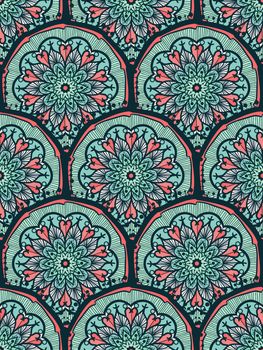 Hand drawn Mandala Seamless Pattern. Arabic, indian, turkish and ottoman culture decoration style. Ethnic ornamental background. Magic vintage template of greeting, card, print, cloth, tattoo. Vector