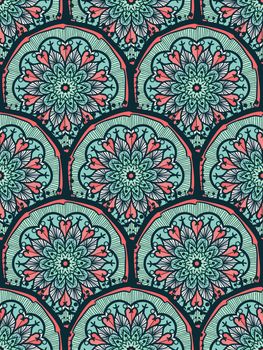 Hand drawn Mandala Seamless Pattern. Arabic, indian, turkish and ottoman culture decoration style. Ethnic ornamental background. Magic vintage template of greeting, card, print, cloth, tattoo. Vector