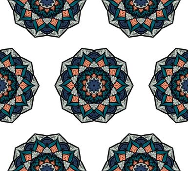 Hand drawn Mandala Seamless Pattern. Arabic, indian, turkish and ottoman culture decoration style. Ethnic ornamental background. Magic vintage template of greeting, card, print, cloth, tattoo. Vector