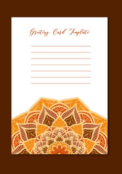 Mandala vintage template card in arabic and indian, islam and ottoman, turkish, asian style for brochure, flyer, greeting, invitation card, cover. Format A4. Floral holiday ornamental design. Vector