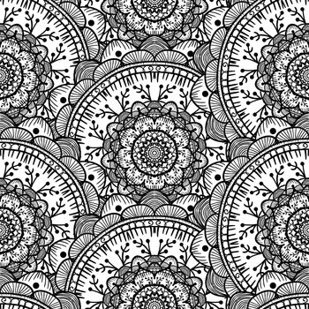 Hand drawn Black White Mandala Seamless Pattern. Arabic, indian, turkish and ottoman culture decoration style. Ethnic ornamental background. Vintage template of greeting, print, cloth, tattoo. Vector