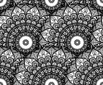 Hand drawn Black White Mandala Seamless Pattern. Arabic, indian, turkish and ottoman culture decoration style. Ethnic ornamental background. Vintage template of greeting, print, cloth, tattoo. Vector