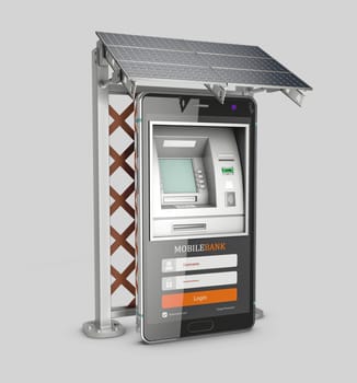 3d Rendering of Mobile online banking and payment concept. Smart phone as ATM with solar panel, clipping path included.