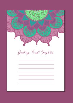 Mandala vintage template card in arabic and indian, islam and ottoman, turkish, asian style for brochure, flyer, greeting, invitation card, cover. Format A4. Floral holiday ornamental design. Vector