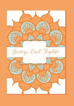 Mandala vintage template card in arabic and indian, islam and ottoman, turkish, asian style for brochure, flyer, greeting, invitation card, cover. Format A4. Floral holiday ornamental design. Vector