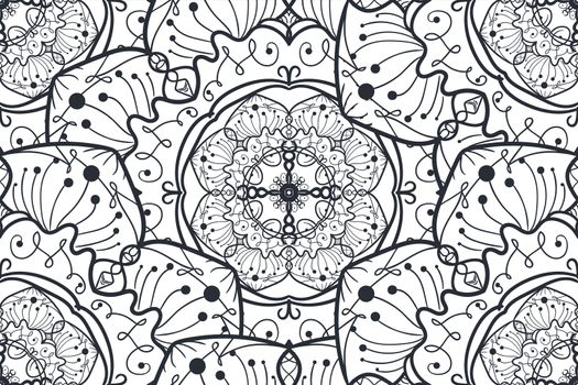 Hand drawn Black White Mandala Seamless Pattern. Arabic, indian, turkish and ottoman culture decoration style. Ethnic ornamental background. Vintage template of greeting, print, cloth, tattoo. Vector