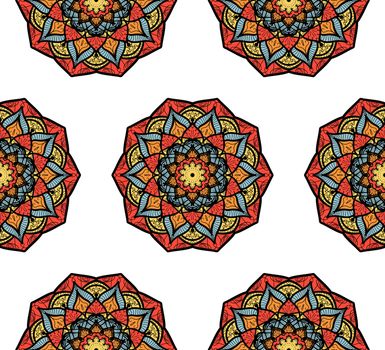 Hand drawn Mandala Seamless Pattern. Arabic, indian, turkish and ottoman culture decoration style. Ethnic ornamental background. Magic vintage template of greeting, card, print, cloth, tattoo. Vector
