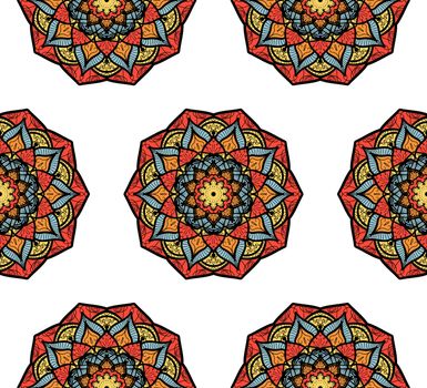 Hand drawn Mandala Seamless Pattern. Arabic, indian, turkish and ottoman culture decoration style. Ethnic ornamental background. Magic vintage template of greeting, card, print, cloth, tattoo. Vector