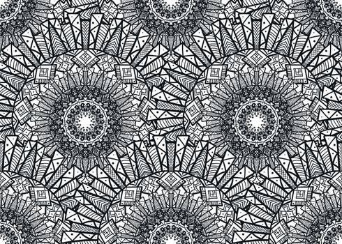 Hand drawn Black White Mandala Seamless Pattern. Arabic, indian, turkish and ottoman culture decoration style. Ethnic ornamental background. Vintage template of greeting, print, cloth, tattoo. Vector