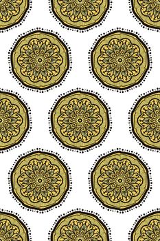 Hand drawn Gold Mandala Seamless Pattern. Arabic, indian, turkish and ottoman culture decoration style. Ethnic ornamental background. Magic vintage template of greeting, print, cloth, tattoo. Vector