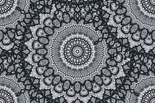 Hand drawn Black White Mandala Seamless Pattern. Arabic, indian, turkish and ottoman culture decoration style. Ethnic ornamental background. Vintage template of greeting, print, cloth, tattoo. Vector