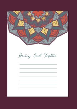 Mandala vintage template card in arabic and indian, islam and ottoman, turkish, asian style for brochure, flyer, greeting, invitation card, cover. Format A4. Floral holiday ornamental design. Vector