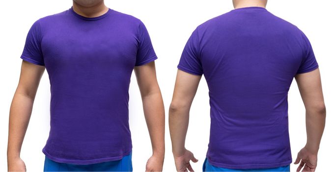 Purple blank  t-shirt on human body for graphic design mock up