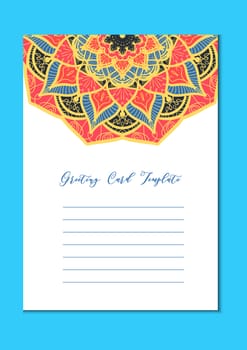 Mandala vintage template card in arabic and indian, islam and ottoman, turkish, asian style for brochure, flyer, greeting, invitation card, cover. Format A4. Floral holiday ornamental design. Vector