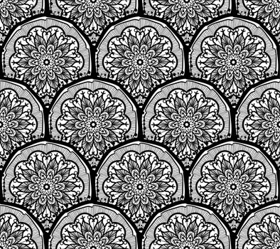 Hand drawn Mandala Seamless Pattern. Arabic, indian, turkish and ottoman culture decoration style. Ethnic ornamental background. Magic vintage template of greeting, card, print, cloth, tattoo. Vector