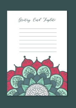 Mandala vintage template card in arabic and indian, islam and ottoman, turkish, asian style for brochure, flyer, greeting, invitation card, cover. Format A4. Floral holiday ornamental design. Vector